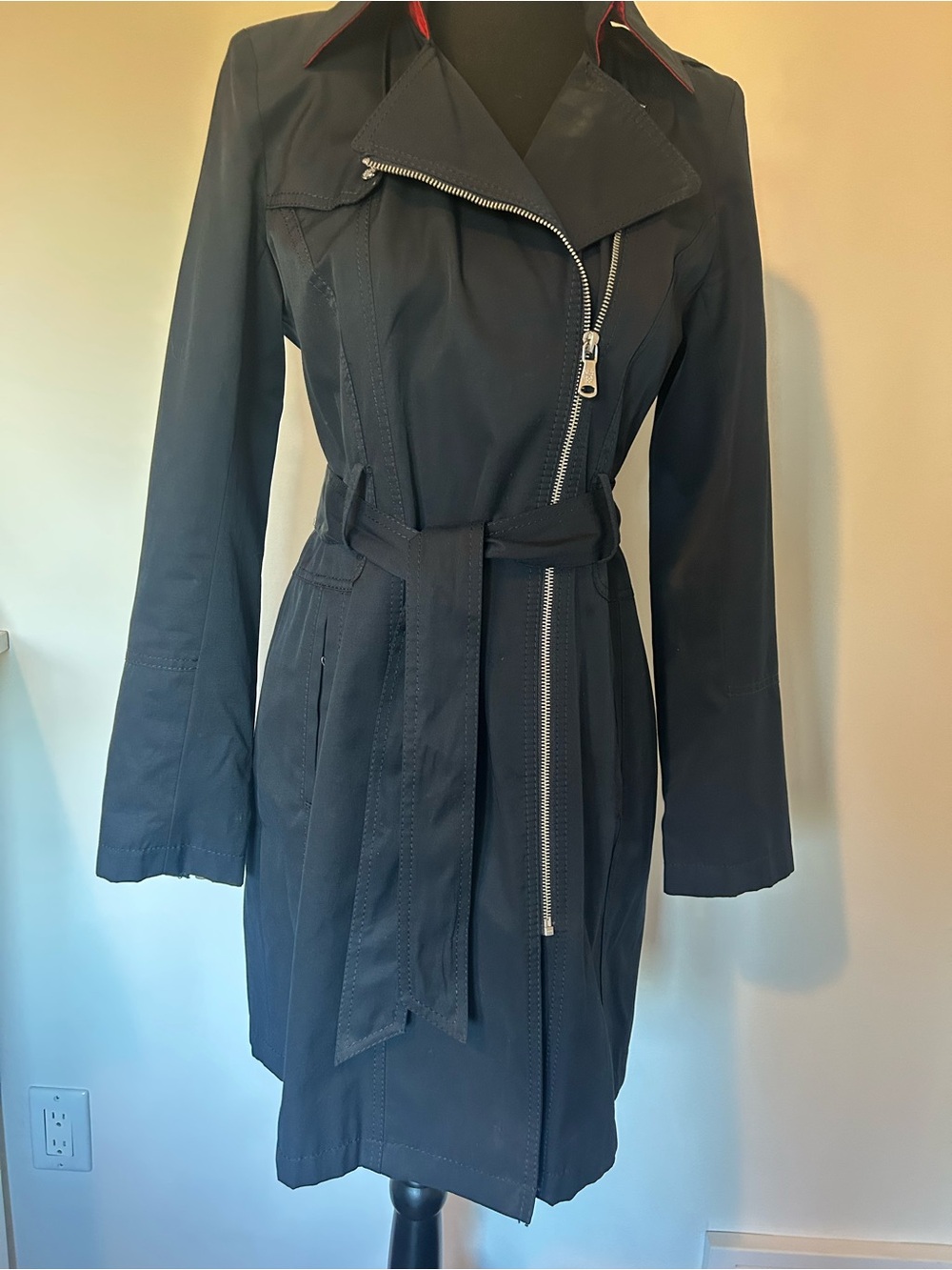 Vince Camuto Navy Long Sleeve Belted Trench Coat with Silver Zipper